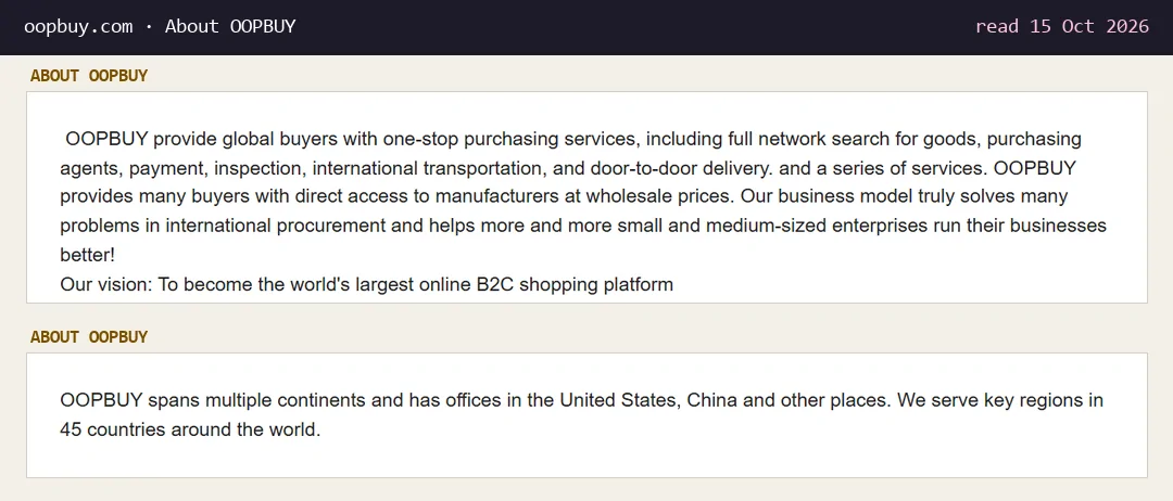 About OOPBUY page: one-stop purchasing services and direct access to manufacturers at wholesale prices, and offices in the United States, China and other places serving key regions in 45 countries