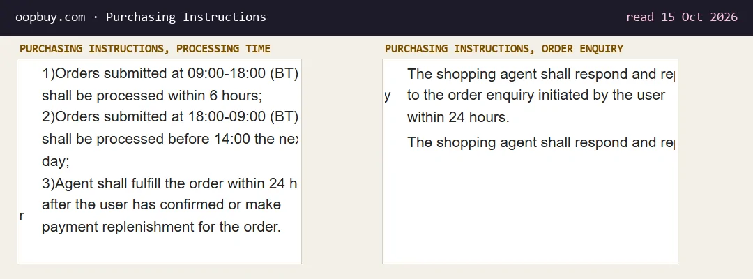 Purchasing Instructions processing times: orders 09:00 to 18:00 Beijing time processed within 6 hours, overnight orders before 14:00 next day, and order enquiries answered within 24 hours