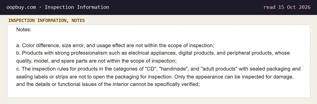 Inspection Information notes a to c: colour difference, size error and usage effect excluded; electrical and digital products' quality, model and spare parts excluded; sealed CD, handmade and adult products not opened
