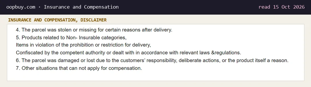 Insurance and Compensation disclaimer items 4 to 7: stolen after delivery, non-insurable and prohibited items, customer responsibility, other situations