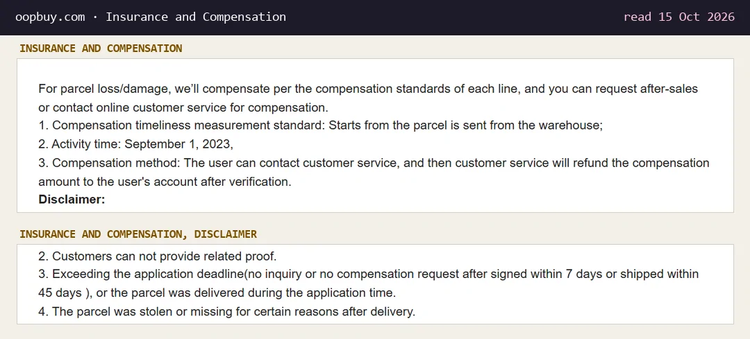 Insurance and Compensation page: compensation per each line's standard, timeliness counted from dispatch, and disclaimer item 3 on the 7-day and 45-day deadline