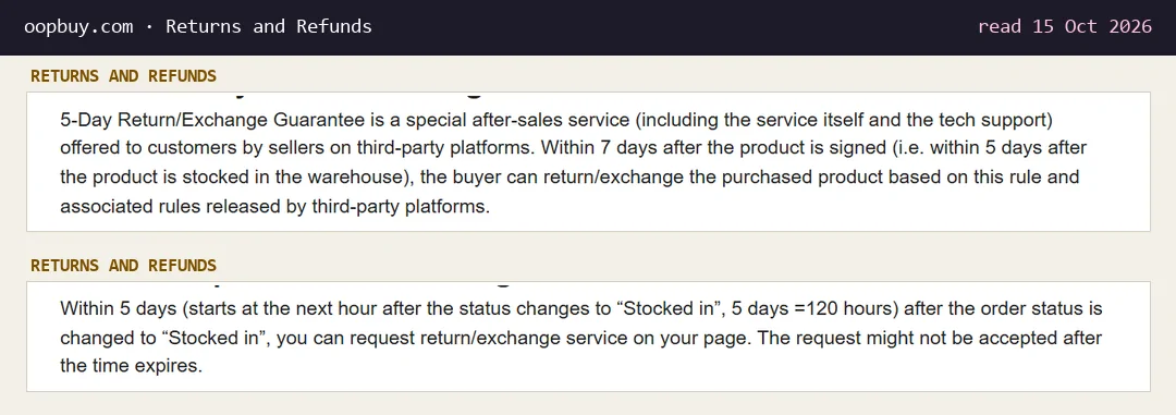 Returns and Refunds page: the 5-Day Return/Exchange Guarantee is a service offered by sellers on third-party platforms; requests within 120 hours after Stocked in