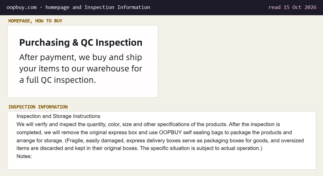 Oopbuy homepage How to Buy step 2 reading Purchasing and QC Inspection, a full QC inspection, above the Inspection Information paragraph on verifying quantity, colour, size and other specifications