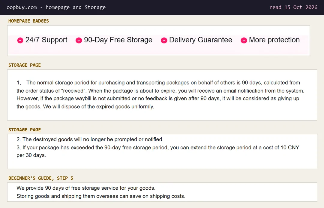 Homepage badges 24/7 Support, 90-Day Free Storage, Delivery Guarantee and More protection, above Storage page items on the 90-day period counted from received and extension at 10 CNY per 30 days, and the Beginner's Guide line on 90 days of free storage