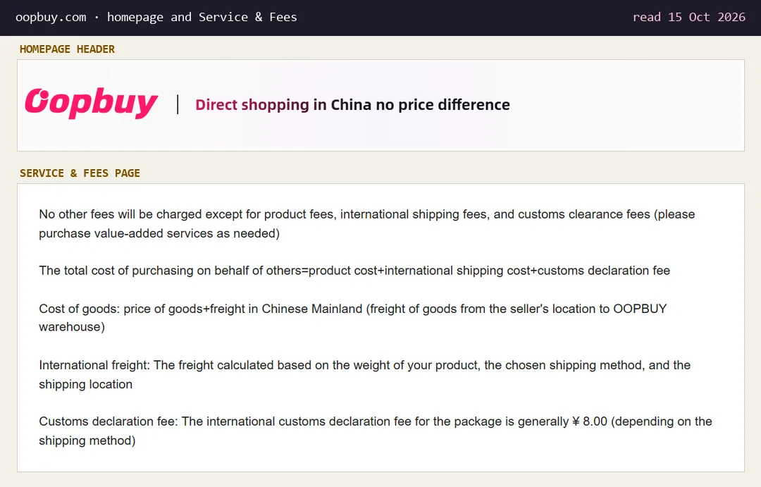 Oopbuy homepage header reading Direct shopping in China no price difference, above the Service and Fees page text listing product cost, international shipping and a customs declaration fee of generally 8 yuan