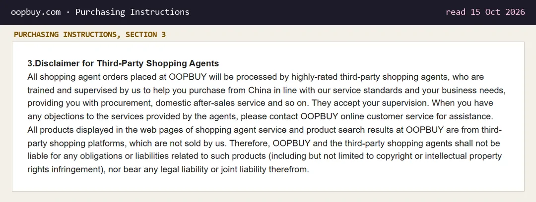 Purchasing Instructions section 3, Disclaimer for Third-Party Shopping Agents: orders processed by third-party shopping agents, products from third-party platforms not sold by Oopbuy