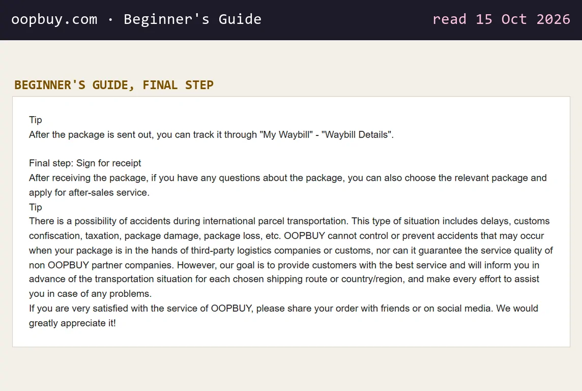 Beginner's Guide final step tip: delays, confiscation, taxation, damage and loss may happen with third-party carriers or customs, which Oopbuy cannot control