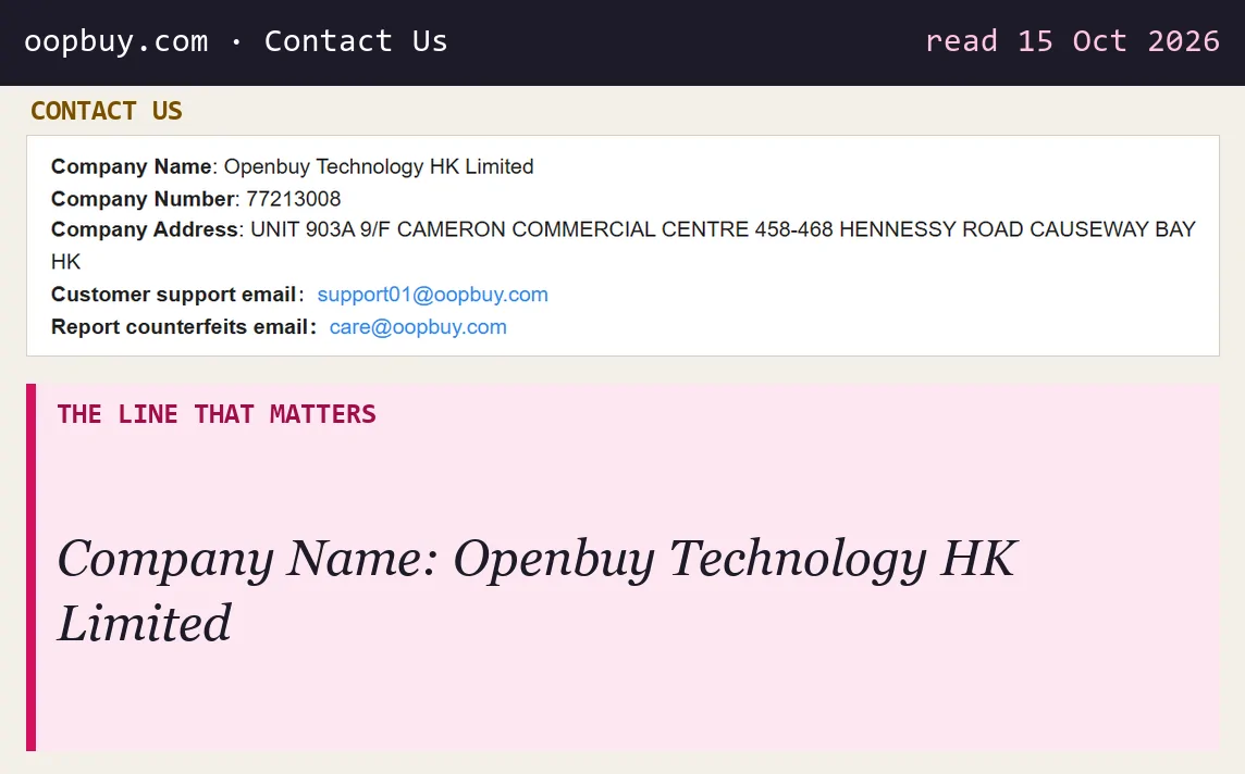 Oopbuy Contact Us page listing Openbuy Technology HK Limited, company number 77213008, a Causeway Bay address, support01 and care email addresses
