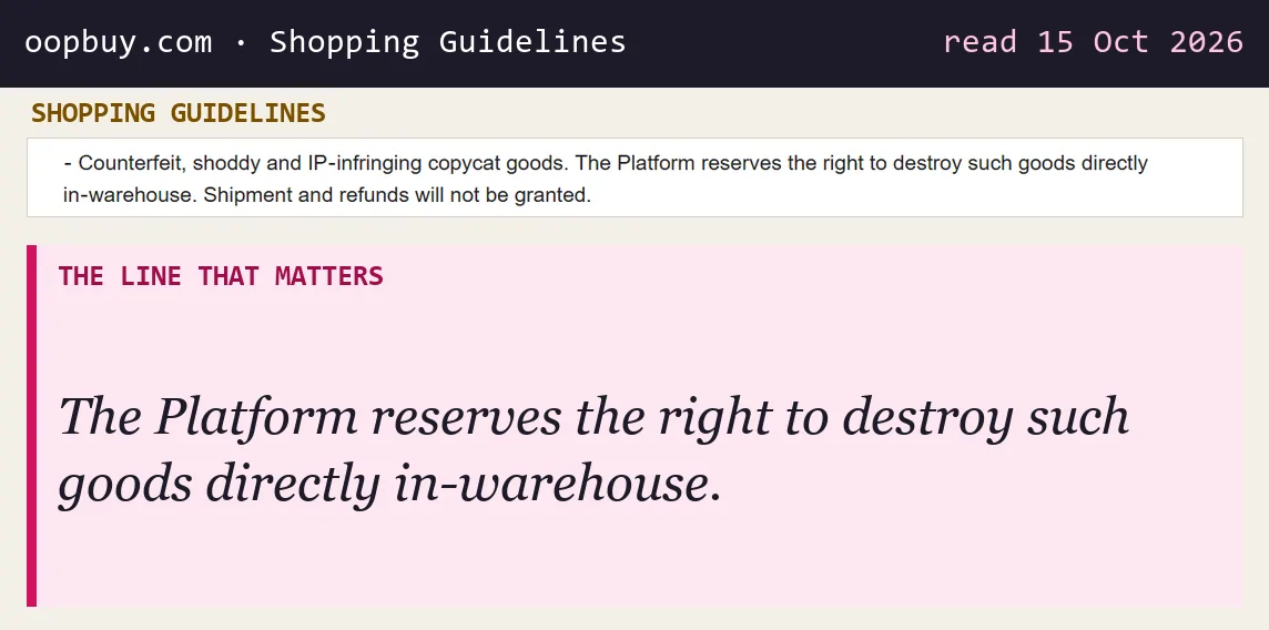 Shopping Guidelines line: counterfeit, shoddy and IP-infringing goods may be destroyed in-warehouse, with no shipment and no refund