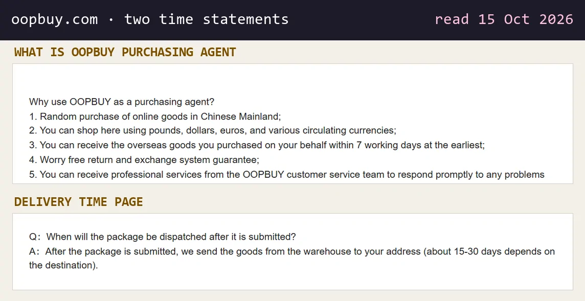 What is OOPBUY purchasing agent page list including receive goods within 7 working days at the earliest, and the Delivery Time page answer of about 15 to 30 days