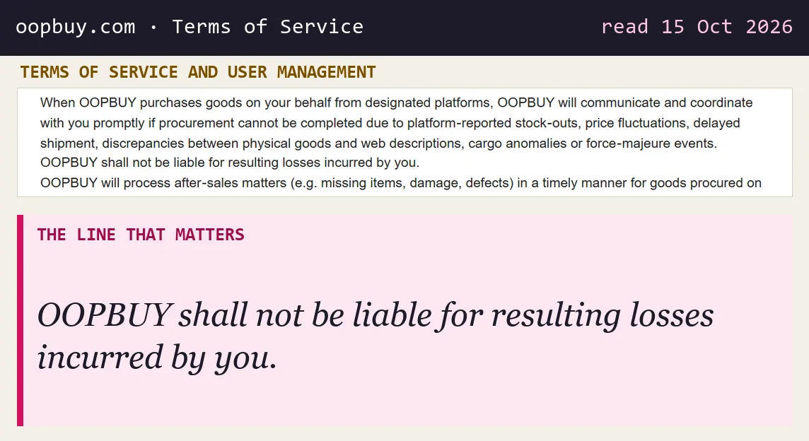 Terms of Service paragraph on stock-outs, price fluctuations, delayed shipment and description discrepancies, with Oopbuy not liable for resulting losses