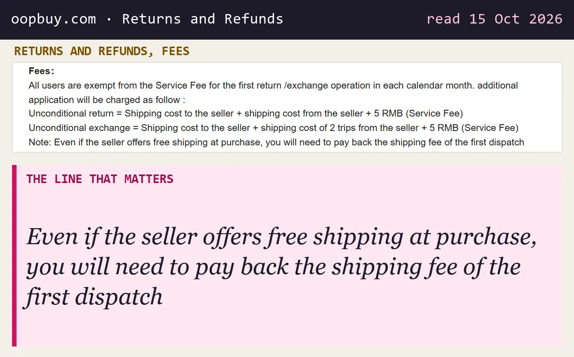 Returns and Refunds fees: first return or exchange each month free, then shipping both ways plus 5 RMB, and first-dispatch shipping repaid even on free-shipping items