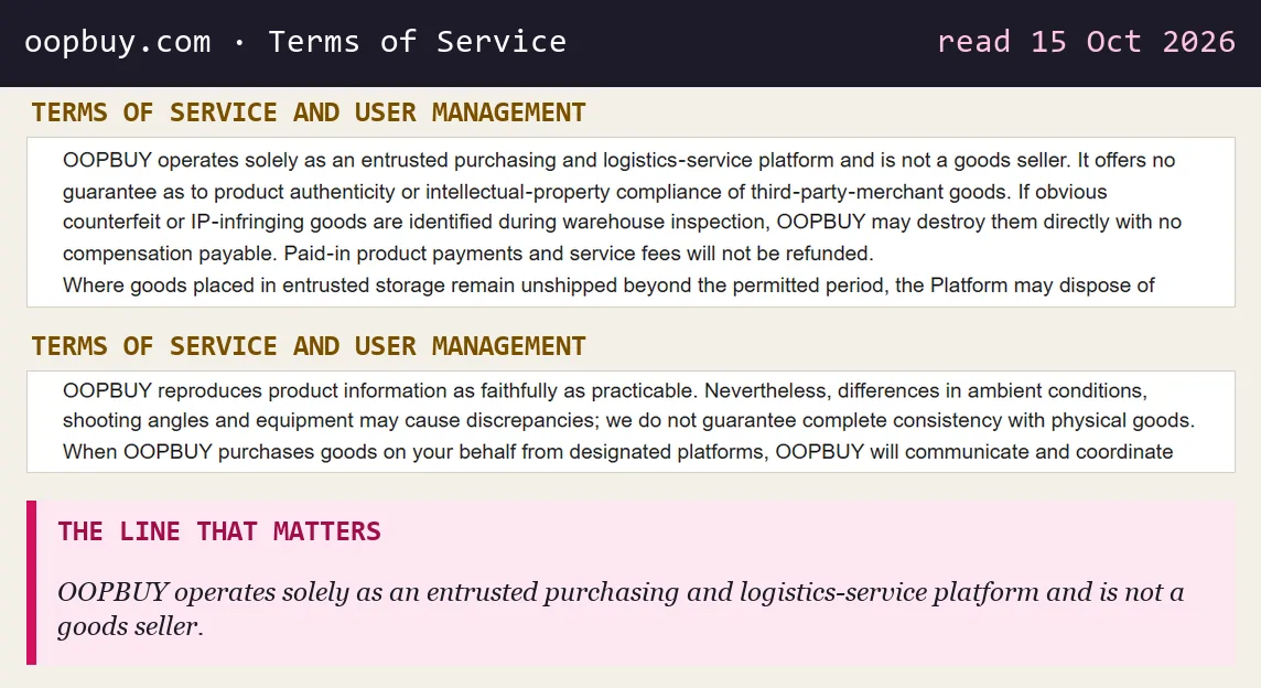 Terms of Service text: Oopbuy is an entrusted purchasing and logistics platform, not a goods seller, offers no authenticity guarantee, and does not guarantee complete consistency with physical goods