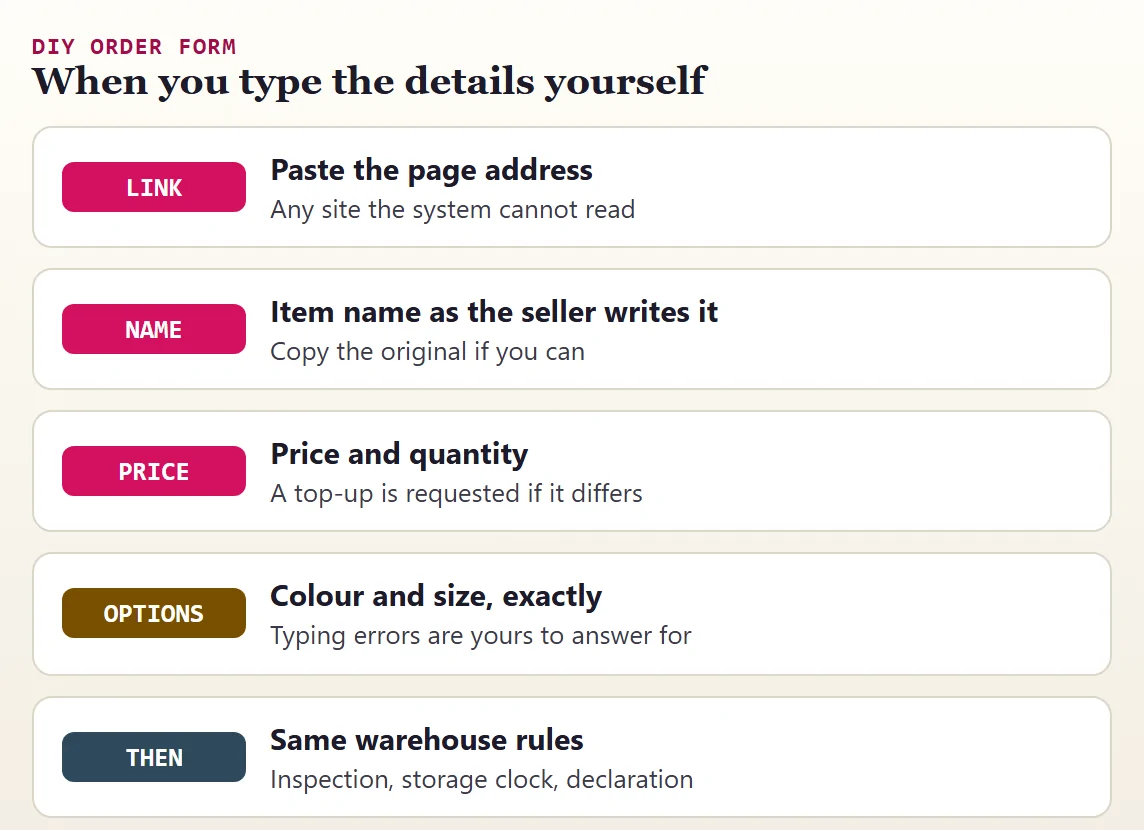 Fields of the DIY order form and what to watch in each