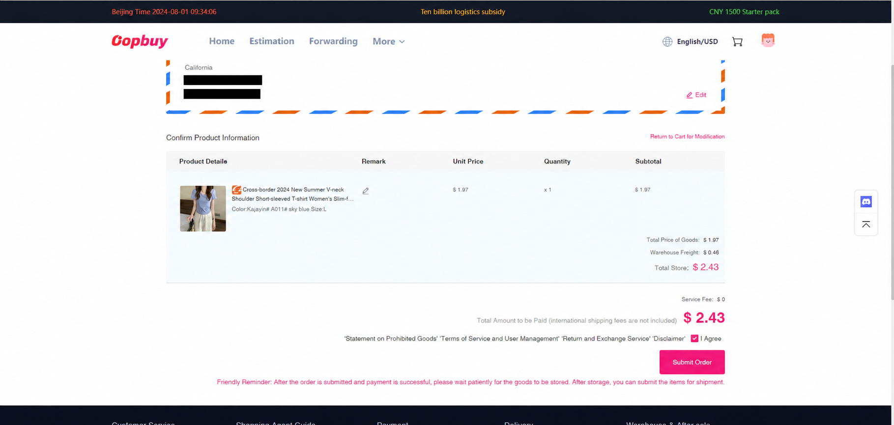 Order confirmation and first payment area with private fields redacted
