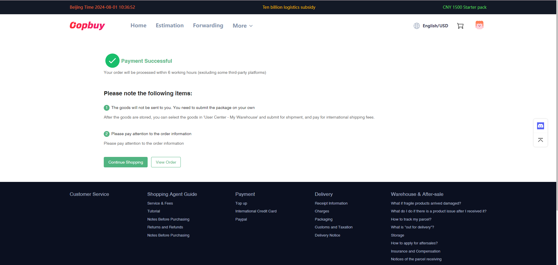 Confirmation screen linking to the order status area