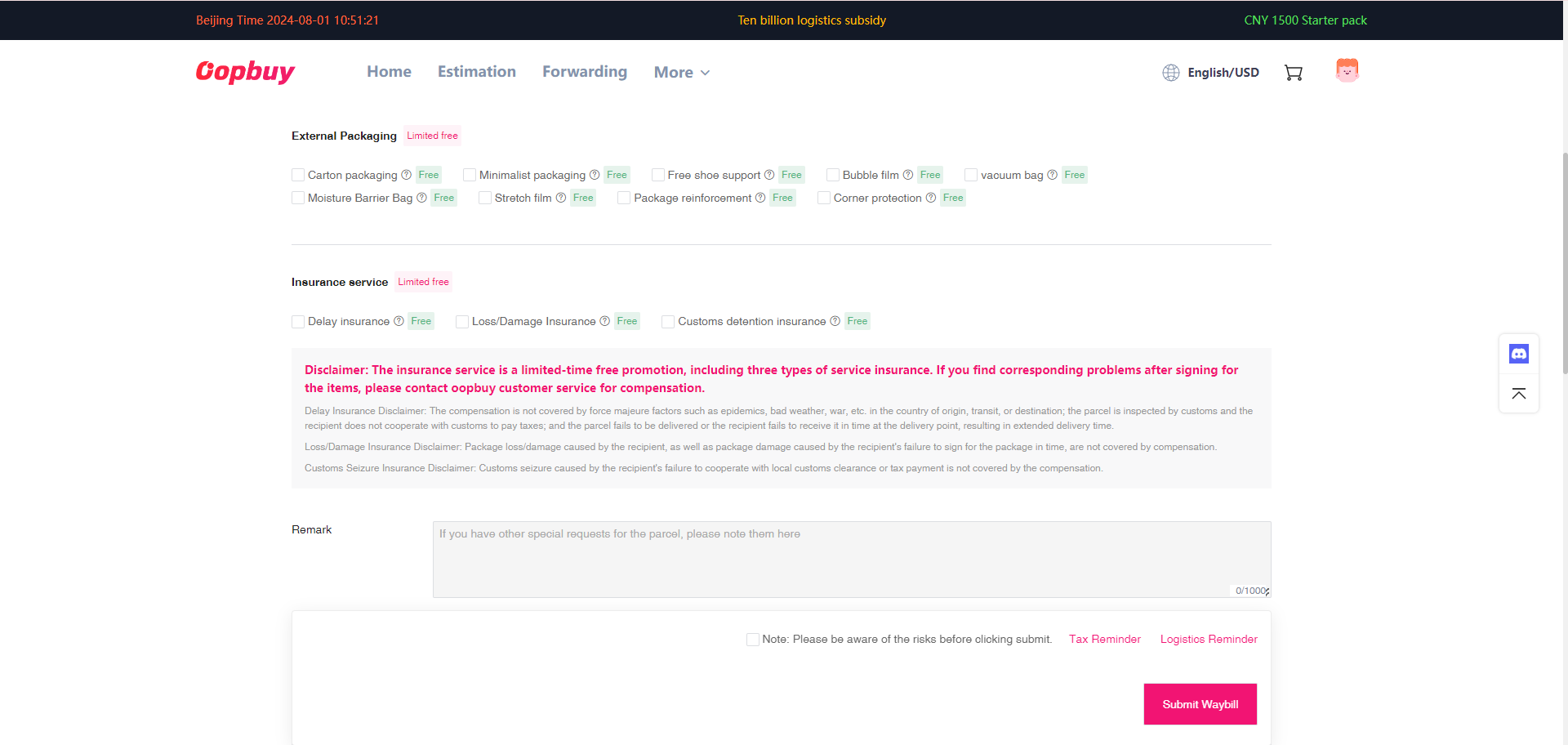 Parcel declaration and packaging options from the official tutorial