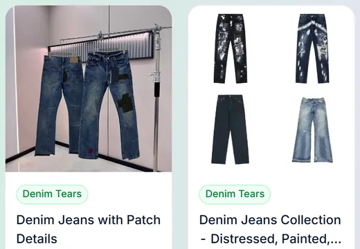 Different jeans listings with different cuts and seller photographs